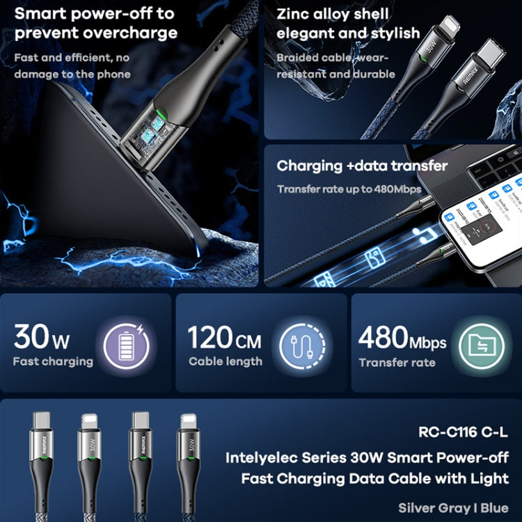 REMAX RC-C116 1.2m 30W Type-C to 8 Pin Smart Power-off Fast Charging Data Cable(Dark Blue) - 2 in 1 Cable by REMAX | Online Shopping UK | buy2fix