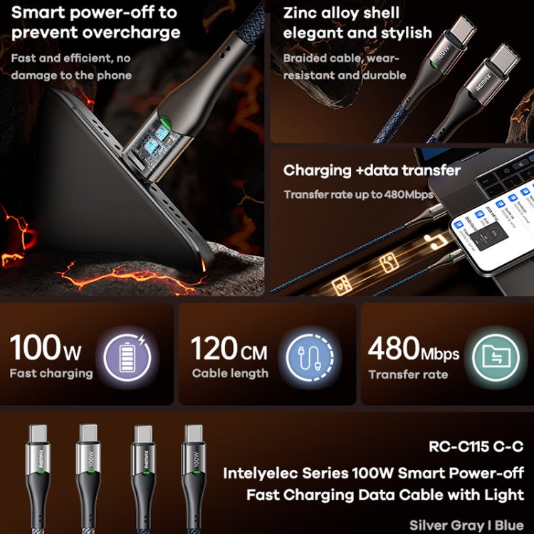 REMAX RC-C115 1.2m 100W Type-C to Type-C Smart Power-off Fast Charging Data Cable(Dark Blue) - USB-C & Type-C Cable by REMAX | Online Shopping UK | buy2fix