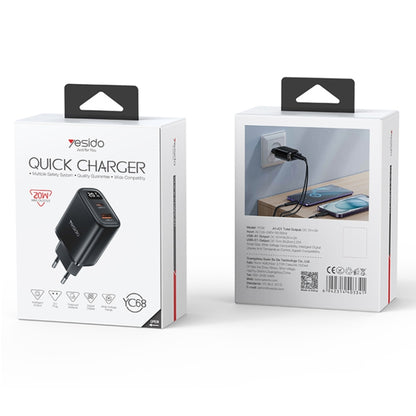 Yesido YC68 20W USB-C / Type-C + USB Digital Display Charger, Specification:EU Plug(Black) - USB Charger by Yesido | Online Shopping UK | buy2fix