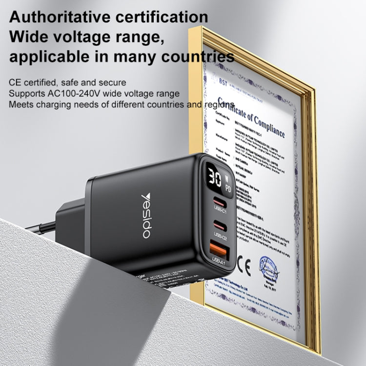 Yesido YC69 30W USB + Dual USB-C / Type-C Digital Display Charger, Specification:EU Plug(Black) - USB Charger by Yesido | Online Shopping UK | buy2fix