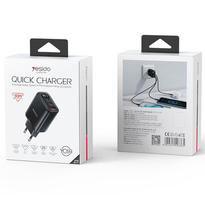 Yesido YC69 30W USB + Dual USB-C / Type-C Digital Display Charger, Specification:EU Plug(Black) - USB Charger by Yesido | Online Shopping UK | buy2fix