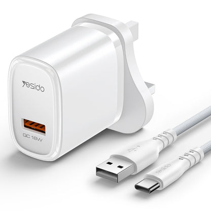 Yesido YC85C 18W USB Fast Charger with USB to USB-C / Type-C Cable, Specification:UK Plug(White) - USB Charger by Yesido | Online Shopping UK | buy2fix