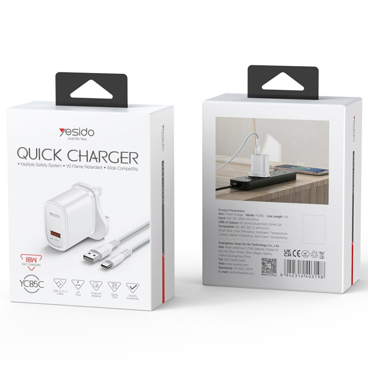 Yesido YC85C 18W USB Fast Charger with USB to USB-C / Type-C Cable, Specification:UK Plug(White) - USB Charger by Yesido | Online Shopping UK | buy2fix