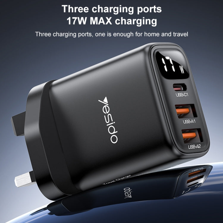 Yesido YC86 17W USB-C / Type-C + Dual USB Digital Display Charger, Specification:UK Plug(Black) - USB Charger by Yesido | Online Shopping UK | buy2fix