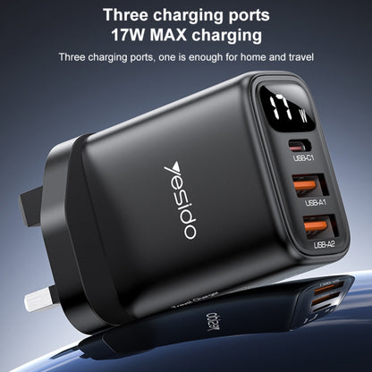 Yesido YC86 17W USB-C / Type-C + Dual USB Digital Display Charger, Specification:UK Plug(Black) - USB Charger by Yesido | Online Shopping UK | buy2fix