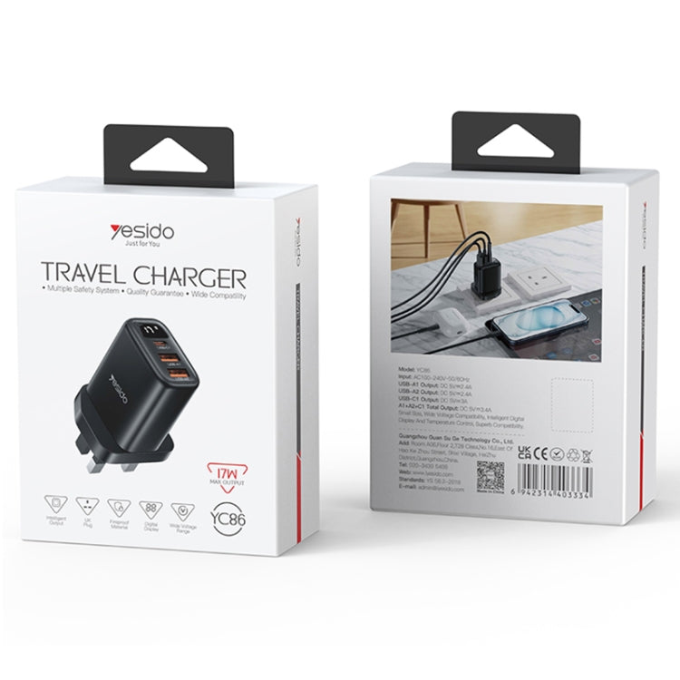 Yesido YC86 17W USB-C / Type-C + Dual USB Digital Display Charger, Specification:UK Plug(Black) - USB Charger by Yesido | Online Shopping UK | buy2fix