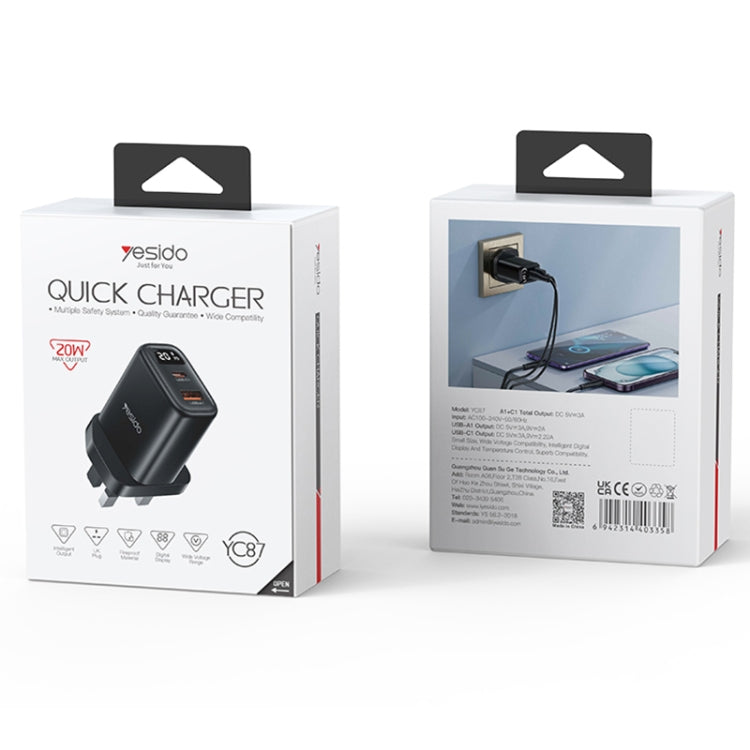 Yesido YC87 PD 20W USB-C / Type-C + USB Digital Display Charger, Specification:UK Plug(Black) - USB Charger by Yesido | Online Shopping UK | buy2fix