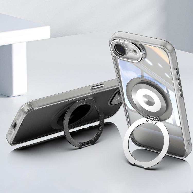 For iPhone 16e 360 Holder Magsafe Acrylic Hybrid TPU Phone Case(Grey) - iPhone 16e Cases by buy2fix | Online Shopping UK | buy2fix