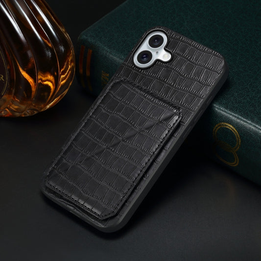For iPhone 16 Imitation Crocodile Leather Back Phone Case with Holder(Black) by buy2fix