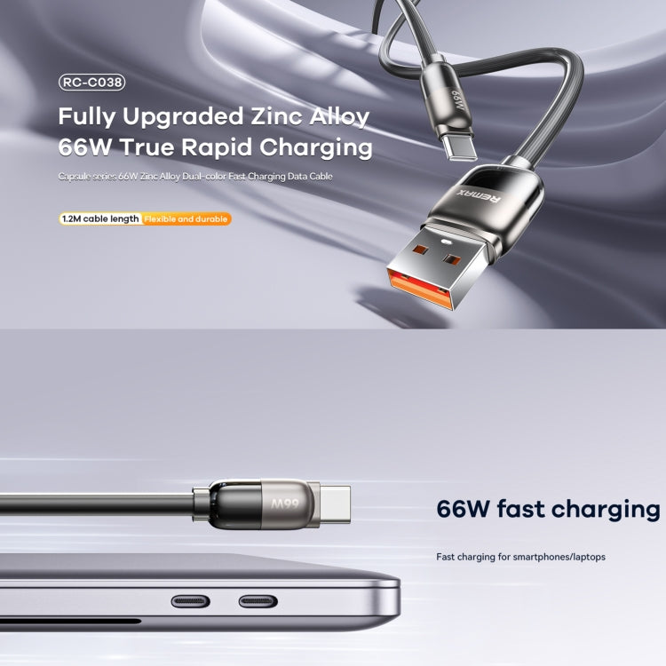 REMAX RC-C038 Capsule 1.2m 66W USB to Type-C PVC Fast Charging Cable(Black) - USB-C & Type-C Cable by REMAX | Online Shopping UK | buy2fix