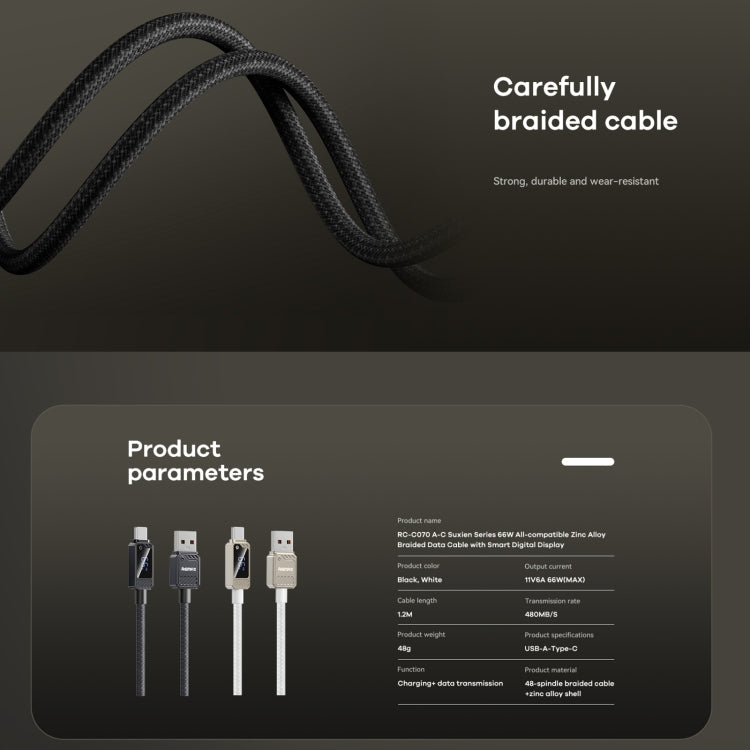 REMAX RC-C070 1.2m 66W USB to Type-C Digital Display Braided Fast Charging Cable(Black) - USB-C & Type-C Cable by REMAX | Online Shopping UK | buy2fix