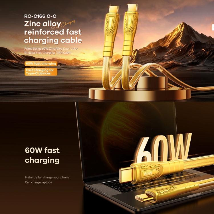 REMAX RC-C166 Prime 1.2m 60W Type-C to Type-C Braided Fast Charging Cable(Gold) - USB-C & Type-C Cable by REMAX | Online Shopping UK | buy2fix