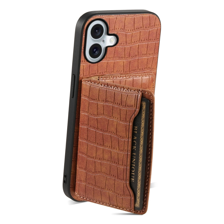 For iPhone 16 Crocodile Texture Card Bag Design Full Coverage Phone Case(Brown) - iPhone 16 Cases by buy2fix | Online Shopping UK | buy2fix