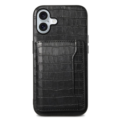 For iPhone 16 Crocodile Texture Card Bag Design Full Coverage Phone Case(Black) - iPhone 16 Cases by buy2fix | Online Shopping UK | buy2fix