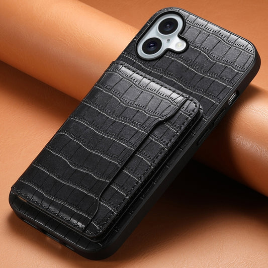 For iPhone 16 Crocodile Texture Card Bag Design Full Coverage Phone Case(Black) by buy2fix