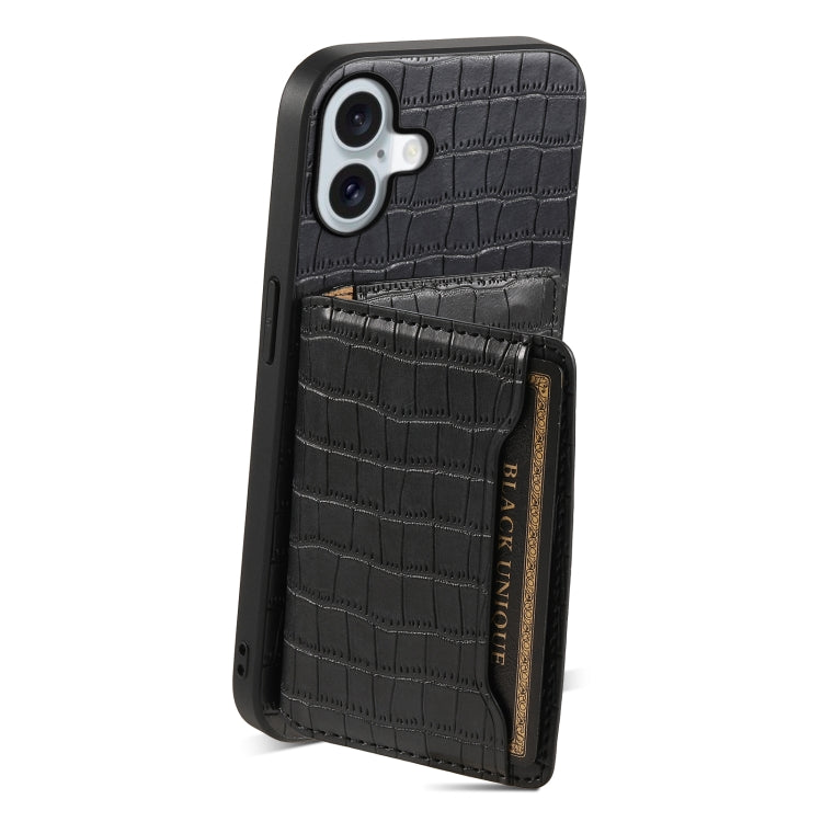 For iPhone 16 Crocodile Texture Card Bag Design Full Coverage Phone Case(Black) - iPhone 16 Cases by buy2fix | Online Shopping UK | buy2fix