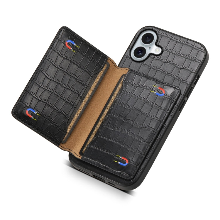 For iPhone 16 Crocodile Texture Card Bag Design Full Coverage Phone Case(Black) - iPhone 16 Cases by buy2fix | Online Shopping UK | buy2fix