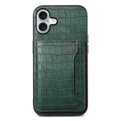 For iPhone 16 Crocodile Texture Card Bag Design Full Coverage Phone Case(Green) - iPhone 16 Cases by buy2fix | Online Shopping UK | buy2fix