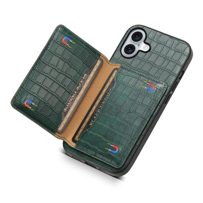 For iPhone 16 Crocodile Texture Card Bag Design Full Coverage Phone Case(Green) - iPhone 16 Cases by buy2fix | Online Shopping UK | buy2fix