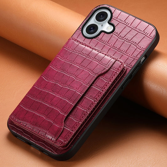 For iPhone 16 Crocodile Texture Card Bag Design Full Coverage Phone Case(Red) by buy2fix