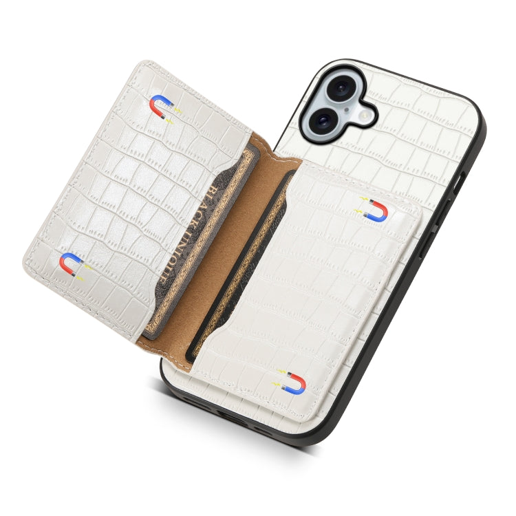 For iPhone 16 Crocodile Texture Card Bag Design Full Coverage Phone Case(White) - iPhone 16 Cases by buy2fix | Online Shopping UK | buy2fix