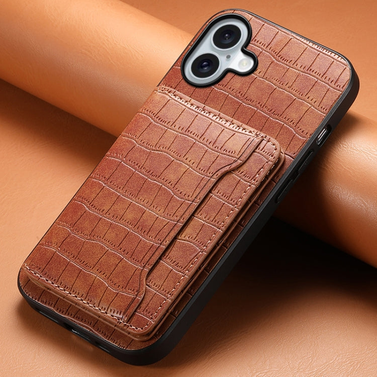 For iPhone 16 Plus Crocodile Texture Card Bag Design Full Coverage Phone Case(Brown) - iPhone 16 Plus Cases by buy2fix | Online Shopping UK | buy2fix