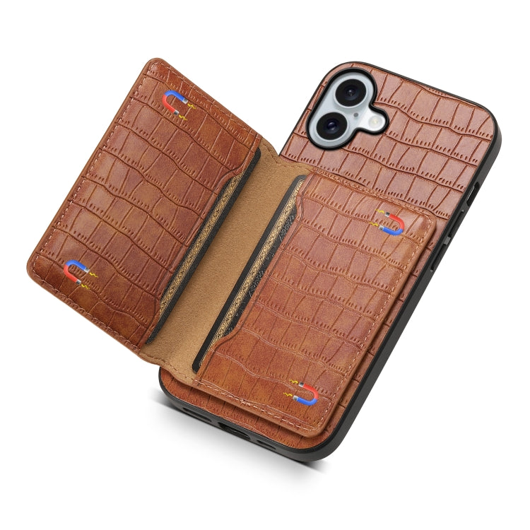 For iPhone 16 Plus Crocodile Texture Card Bag Design Full Coverage Phone Case(Brown) - iPhone 16 Plus Cases by buy2fix | Online Shopping UK | buy2fix