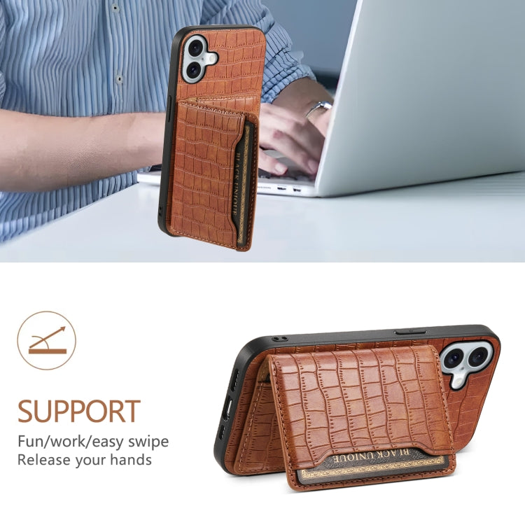 For iPhone 16 Plus Crocodile Texture Card Bag Design Full Coverage Phone Case(Brown) - iPhone 16 Plus Cases by buy2fix | Online Shopping UK | buy2fix