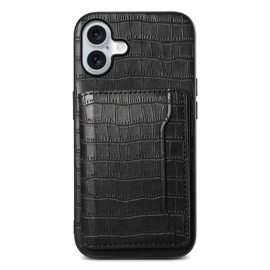 For iPhone 16 Plus Crocodile Texture Card Bag Design Full Coverage Phone Case(Black) - iPhone 16 Plus Cases by buy2fix | Online Shopping UK | buy2fix