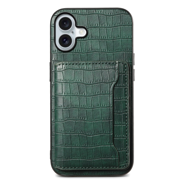 For iPhone 16 Plus Crocodile Texture Card Bag Design Full Coverage Phone Case(Green) by buy2fix