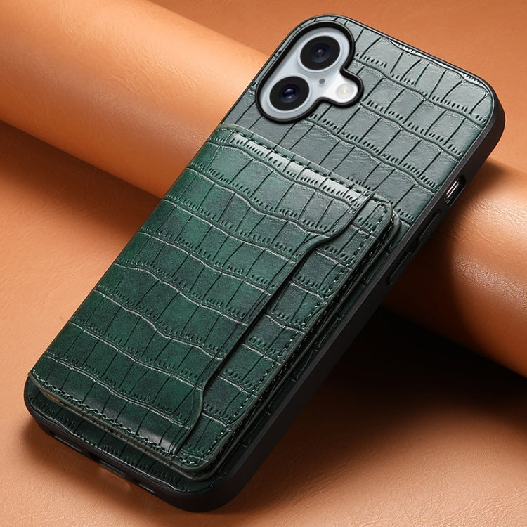 For iPhone 16 Plus Crocodile Texture Card Bag Design Full Coverage Phone Case(Green) by buy2fix