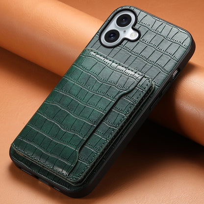 For iPhone 16 Plus Crocodile Texture Card Bag Design Full Coverage Phone Case(Green) by buy2fix