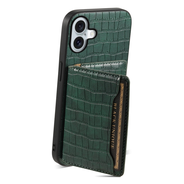For iPhone 16 Plus Crocodile Texture Card Bag Design Full Coverage Phone Case(Green) by buy2fix
