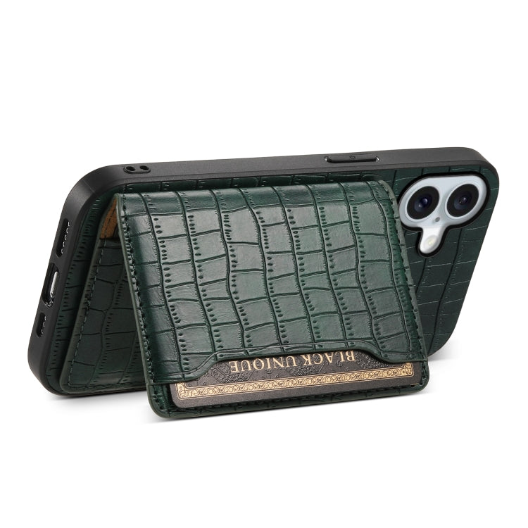 For iPhone 16 Plus Crocodile Texture Card Bag Design Full Coverage Phone Case(Green) by buy2fix