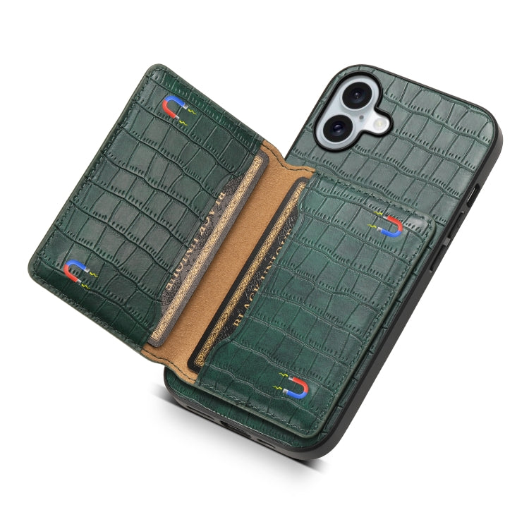 For iPhone 16 Plus Crocodile Texture Card Bag Design Full Coverage Phone Case(Green) by buy2fix