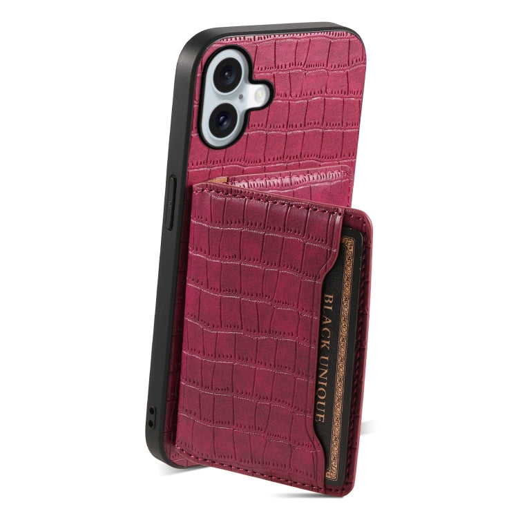 For iPhone 16 Plus Crocodile Texture Card Bag Design Full Coverage Phone Case(Red) - iPhone 16 Plus Cases by buy2fix | Online Shopping UK | buy2fix