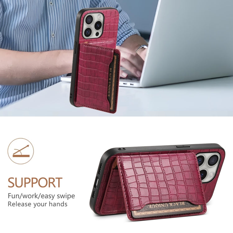 For iPhone 16 Pro Crocodile Texture Card Bag Design Full Coverage Phone Case(Red) - iPhone 16 Pro Cases by buy2fix | Online Shopping UK | buy2fix