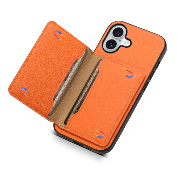 For iPhone 16 Calf Texture Card Bag Design Full Coverage Phone Case(Orange) - iPhone 16 Cases by buy2fix | Online Shopping UK | buy2fix