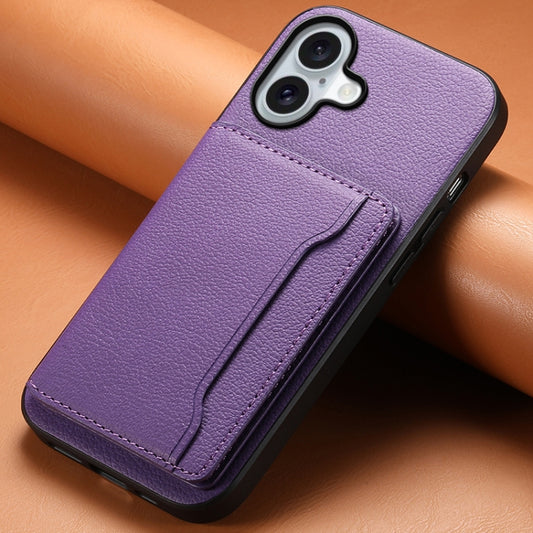 For iPhone 16 Calf Texture Card Bag Design Full Coverage Phone Case(Purple) by buy2fix