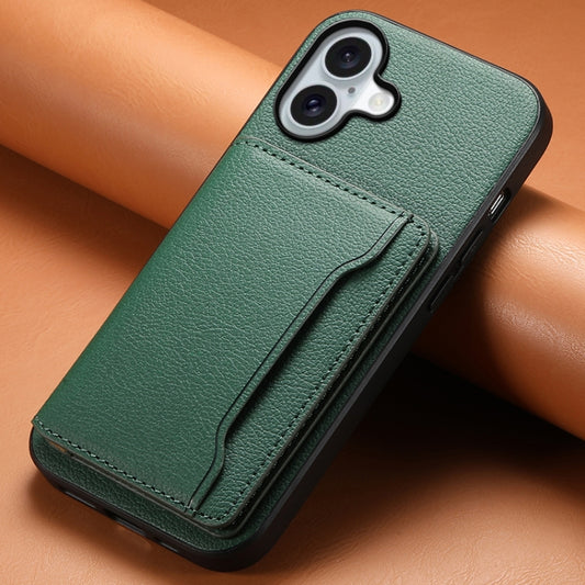 For iPhone 16 Calf Texture Card Bag Design Full Coverage Phone Case(Green) by buy2fix