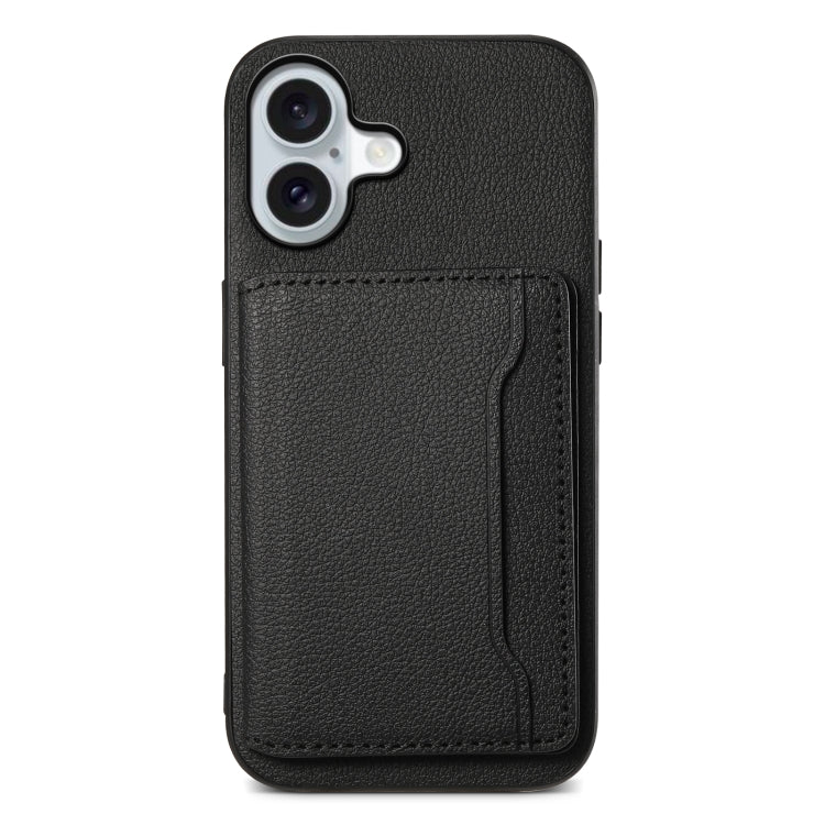 For iPhone 16 Plus Calf Texture Card Bag Design Full Coverage Phone Case(Black) by buy2fix