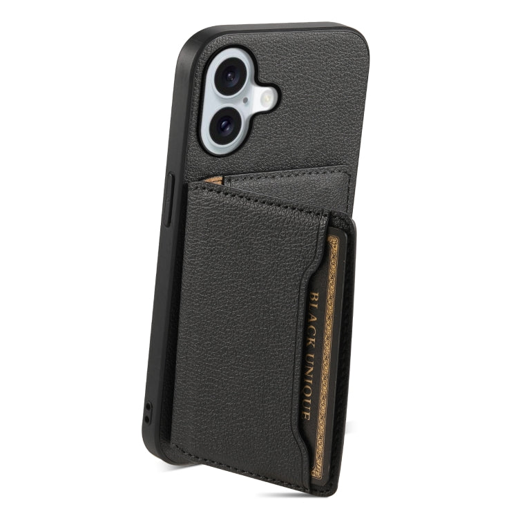 For iPhone 16 Plus Calf Texture Card Bag Design Full Coverage Phone Case(Black) by buy2fix