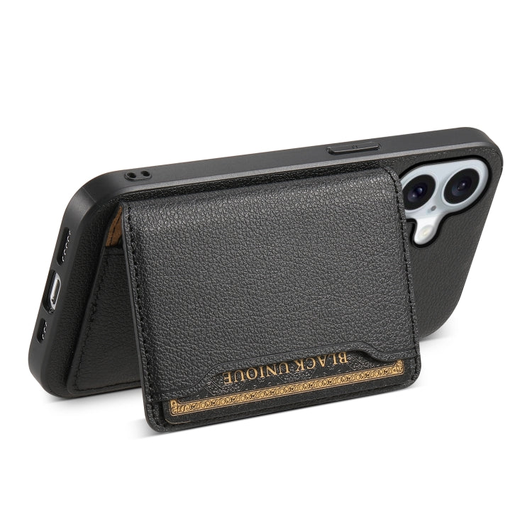 For iPhone 16 Plus Calf Texture Card Bag Design Full Coverage Phone Case(Black) by buy2fix