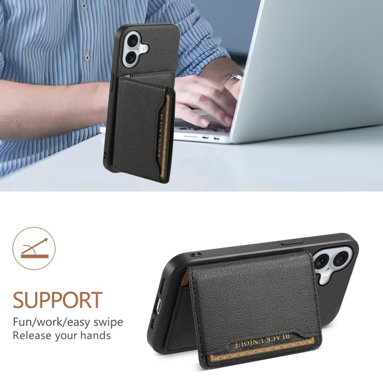 For iPhone 16 Plus Calf Texture Card Bag Design Full Coverage Phone Case(Black) by buy2fix