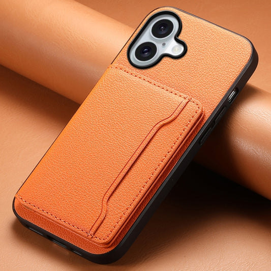For iPhone 16 Plus Calf Texture Card Bag Design Full Coverage Phone Case(Orange) by buy2fix