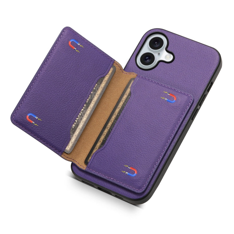 For iPhone 16 Plus Calf Texture Card Bag Design Full Coverage Phone Case(Purple) - iPhone 16 Plus Cases by buy2fix | Online Shopping UK | buy2fix