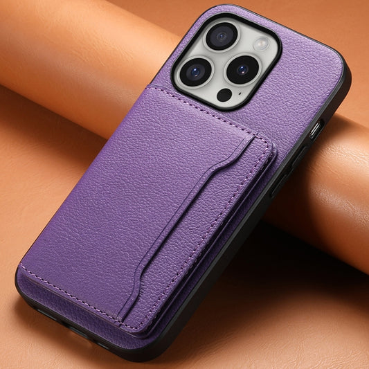 For iPhone 16 Pro Calf Texture Card Bag Design Full Coverage Phone Case(Purple) by buy2fix