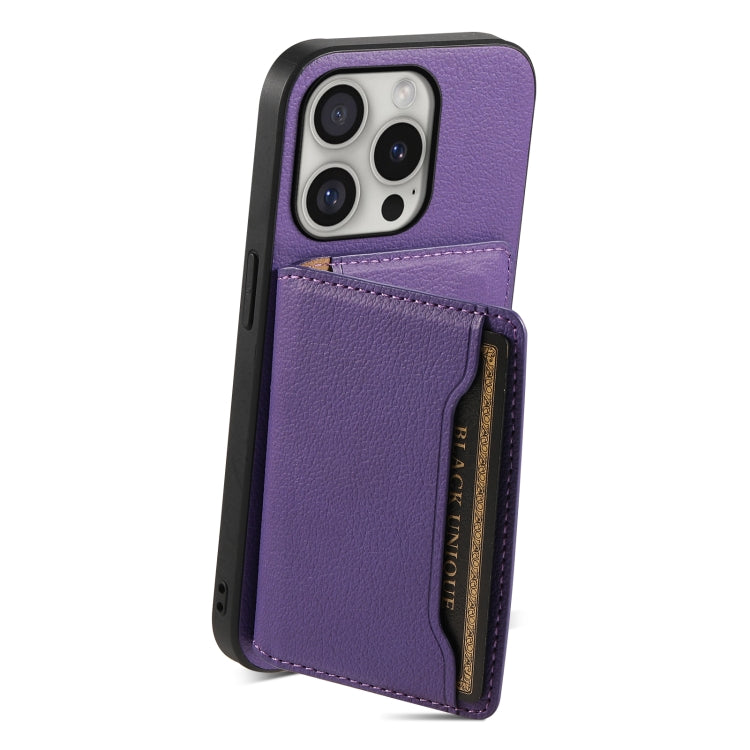 For iPhone 16 Pro Calf Texture Card Bag Design Full Coverage Phone Case(Purple) - iPhone 16 Pro Cases by buy2fix | Online Shopping UK | buy2fix