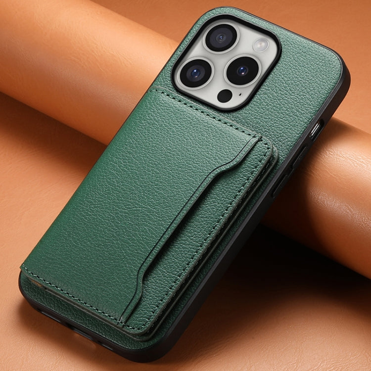 For iPhone 16 Pro Calf Texture Card Bag Design Full Coverage Phone Case(Green) - iPhone 16 Pro Cases by buy2fix | Online Shopping UK | buy2fix