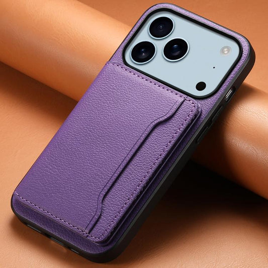 For iPhone 17 Pro Calf Texture Card Bag Design Full Coverage Phone Case(Purple) - iPhone 17 Pro Cases by buy2fix | Online Shopping UK | buy2fix